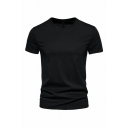 Guy's Stylish T-Shirt Pure Color Crew Collar Short Sleeve Fitted Tee Top