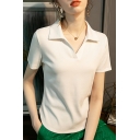 Retro Women's Polo Shirt Whole Colored Spread Collar Short Sleeve Polo Shirt