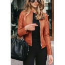 Chic Womens Leather Jacket Plain Stand Collar Regular Long Sleeve Zip Placket Jacket