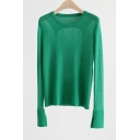 Attractive Women Knitted Top Solid Color Hollow Out Round Neck Long Sleeve Knitted Top