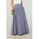 Women Simple Skirt Plaid Pattern Pleated Pocket Maxi A-Line Skirt