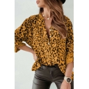 Edgy Shirt Leopard Print Round Collar Fitted Long Sleeves Button Down Shirt for Women