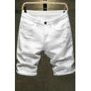Men Vintage Shorts Plain Pocket Mid Rise Distressed Detail Fitted Zip Closure Shorts