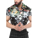 Men Simple Shirt Floral Printed Notched Collar Slimming Short Sleeve Button Fly Shirt