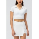 Simple Co-ords Solid Short Sleeve V-Neck Polo Slit Hem Skirts Active Set for Women