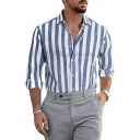 Freestyle Shirt Stripe Pattern Button Placket Spread Collar Long Sleeves Shirt for Men