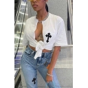 Sexy Girls T-Shirt Cross Printed Hollow Out Crew Neck Tie Front Short Sleeve Tee Shirt