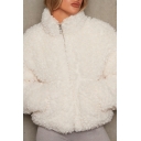 Casual Womens Jacket Solid Lamb Wool Stand Collar Zip Closure Long Sleeve Cropped Jacket