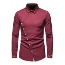 Mens Classic Shirt Contrast Line Turn-down Collar Long-Sleeved Irregular Button Shirt