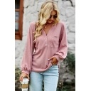 Attractive Women Knit Top Solid Color Chest Pocket V-Neck Long Sleeve Button Knitted Top