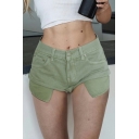 Popular Women's Shorts Solid Button Placket Exposed Pocket Low Waist Hot Shorts