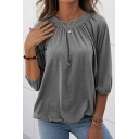 Casual Ladies T-Shirt Pure Color Round Neck Pleated Detail 3/4 Sleeve Regular T-Shirt