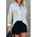 Girls Urban Shirt Contrast Leopard Button Closure Spread Collar Long Sleeves Pocket Shirt