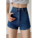 Casual Womens Shorts Pure Color High Waist Pocket Zip down Turn Up Denim Shorts