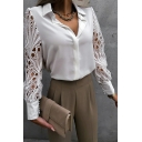 Freestyle Ladies Shirt Plain Spread Collar Hollow Out Long-Sleeved Button Fly Lace Shirt