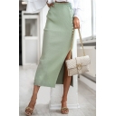 Street Look Ladies Skirt Solid Buttons High Slit Rib Knitted Midi Skirt