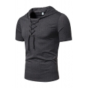 Boy's Popular T-shirt Whole Colored Short Sleeve Hooded Cross Tie Detail Slimming Tee Top