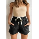 Refined Women Shorts Solid Color Pocket Decoration Drawstring High Waist Loose Shorts