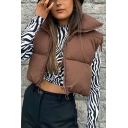 Street Style Ladies Vest Solid Color Zip Up Stand Collar Cropped Padded Vest