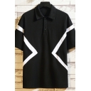 Vintage Guys Polo Shirt Stripe Print Short Sleeve Button Detail Polo Shirt