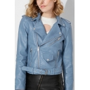 Elegant Women's Jacket Plain Pocket Buckle Belt Notched Lapel Long Sleeve Leather Jacket