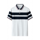 Guy's Fancy Polo Shirt Striped Pattern Button-down Short Sleeves Spread Collar Polo Shirt