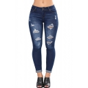 Pop Ladies Jeans Pure Color Ripped Skinny Midwash Blue Mid Waist Jeans