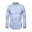 Street Style Shirt Leaf Pattern Curve Hem Stand Collar Long Sleeves Button Shirt for Men