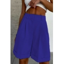 Fascinating Women Shorts Solid Pocket Mid Waist Knee Length Zipper Bermuda Shorts
