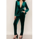 Ladies Comfy Suit Co-ords Plain Notched Lapel One Button Blazer with Pants Two Piece Set