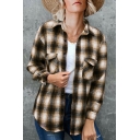 Women Trendy Shirt Plaid Print Chest Pocket Turn-down Collar Long-Sleeved Button Up Shirt
