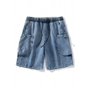 Novelty Men's Shorts Solid Big Pocket Drawstring Elastic Waist Loose Fit Denim Shorts
