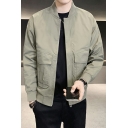Chic Bomber Jacket Solid Color Flap Pocket Stand Collar Zipper Bomber Jacket for Men