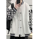 Street Style Bomber Jacket Checked Pattern Button down Stand Collar Bomber Jacket for Men