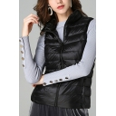 Retro Vest Whole Colored Sleeveless Zip Placket Fitted Stand Collar Vest for Ladies