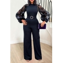 Ladies Fancy Jumpsuits Solid Gauze Long Puff Sleeve Stand Collar Sheer Belted Jumpsuits