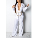 Simple Women Suit Co-ords Solid Color Belt Detailed Lapel Collar Blazer with Pants Set