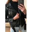 Casual Ladies Jacket Plain Notched Lapel Zip Fly Long Sleeve Belted Leather Jacket