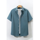 Men Classic Shirt Pure Color Chest Pocket Spread Collar Short Sleeves Relaxed Button Shirt