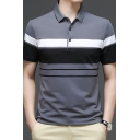 Cozy Men Polo Shirt Stripe Printed Button Turn-down Collar Short Sleeves Fitted Polo Shirt