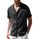 Retro Shirt Pure Color Notched Collar Short-Sleeved Regular Button Closure Shirt for Guys