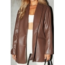 Trendy Ladies Jacket Plain Pocket Lapel Collar Two Buttons Long Sleeve Leather Jacket