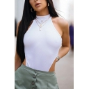 Attractive Women Bodysuit Sleeveless Whole Colored Backless Halter Cropped Bodysuit