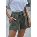 Ladies Girlish Shorts Pure Color Elastic Drawcord Pocket High Waist Side Pocket Shorts