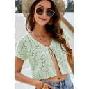 Trendy Knit Top Plain Cropped Lace-up Hollow Out Short Sleeves V-Neck Knit Top for Women