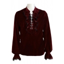 Guys Fashionable Shirt Solid Long Sleeves Stand Collar Fitted Ruffles Lace-up Shirt