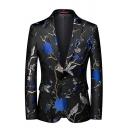 Chic Blazer Embroidery Floral Print Pocket Lapel Collar Slim One Button Blazer for Men