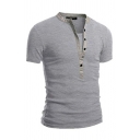 Cool Tee Top Pure Color Short Sleeves Henley Collar Slim Fitted Button Tee Shirt for Men
