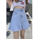 Ladies Faddish Skirt Solid Color Zip Placket Side Pocket Ruffle Denim Skirt