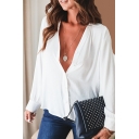 Women Elegant Shirt Plain Long-Sleeved Spread Collar Fitted Button Placket Shirt